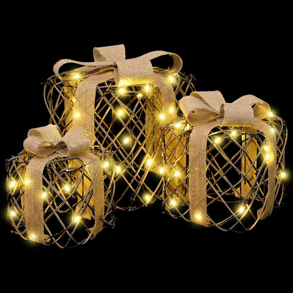 Gift Box with 60 LEDs 3 pcs Warm white 20 x 20 x 20 cm Rattan